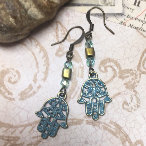 Earrings hasma filigree aqua & gold nickel free - Picture 2 of 5